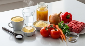 Ingredientes frescos para cocinar: polenta, agua, caldo, manteca, queso, sal, cebolla, morrón, carne picada, tomates, zanahorias y perejil, sobre mesada blanca.
