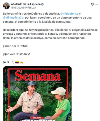 El jefe de Estado colombiano afirmó que si no se entrega a las autoridades, la orden es darlo de baja - crédito @ABDELAESPRIELLA