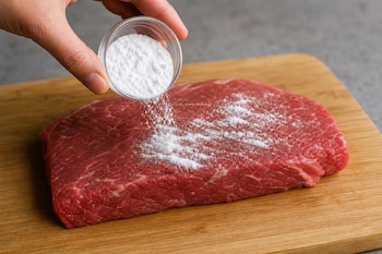 Una mano sostiene un recipiente de vidrio y espolvorea un polvo blanco sobre un trozo de carne cruda ubicado encima de una tabla de madera.