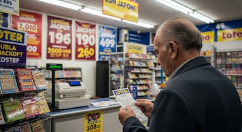 Hombre adulto mayor de espalda con traje oscuro sostiene un billete de lotería en un local con estanterías de boletos y carteles de premios.