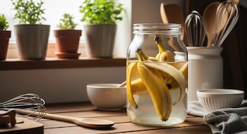 Un frasco de vidrio transparente lleno de cáscaras de banana y un líquido claro está sobre una mesa de madera en una cocina, con utensilios y plantas de fondo.