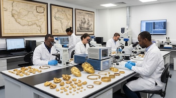 Cinco científicos en batas de laboratorio y guantes azules analizan pepitas, máscaras y joyas de oro. Utilizan microscopios y equipo. Mapas de África y barco en la pared.