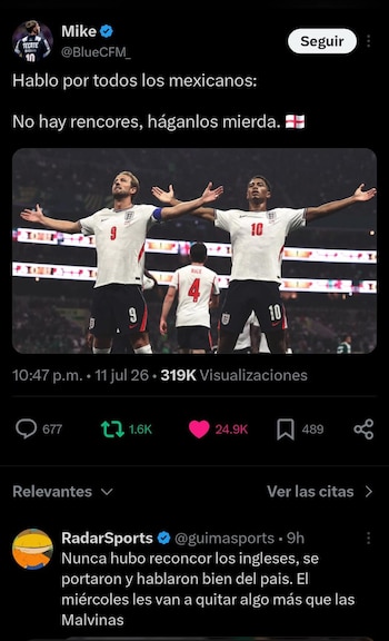 En las redes sociales distintas páginas de fans mexicanos han mostrado su total apoyo para la Selección de Inglaterra (Captura de pantalla)
