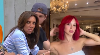Dos imágenes. Izquierda: mujer de cabello castaño, suéter azul, hombre con gorra. Derecha: mujer de cabello rojo, hombros descubiertos, tatuaje en el pecho.