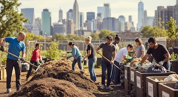 Grupo de personas compostando en un jardín comunitario con rascacielos al fondo. Varios individuos remueven pilas de tierra y material orgánico en cajas.