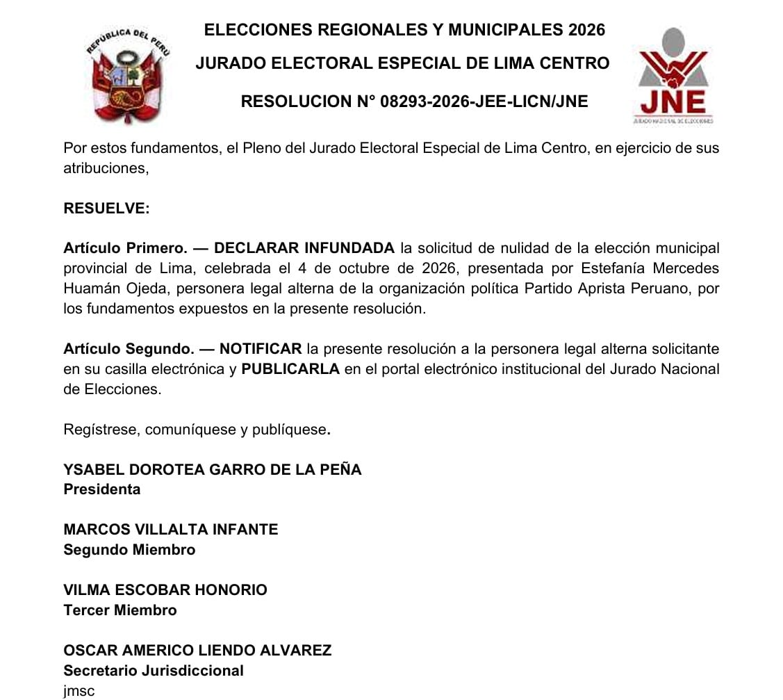 El Jurado Electoral Especial de Lima Centro declara infundada la nulidad de las elecciones municipales solicitada por el Partido Aprista Peruano en Perú.
