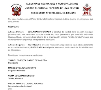 Documento oficial con el escudo de Perú, el logotipo del Jurado Nacional de Elecciones y el texto de una resolución electoral