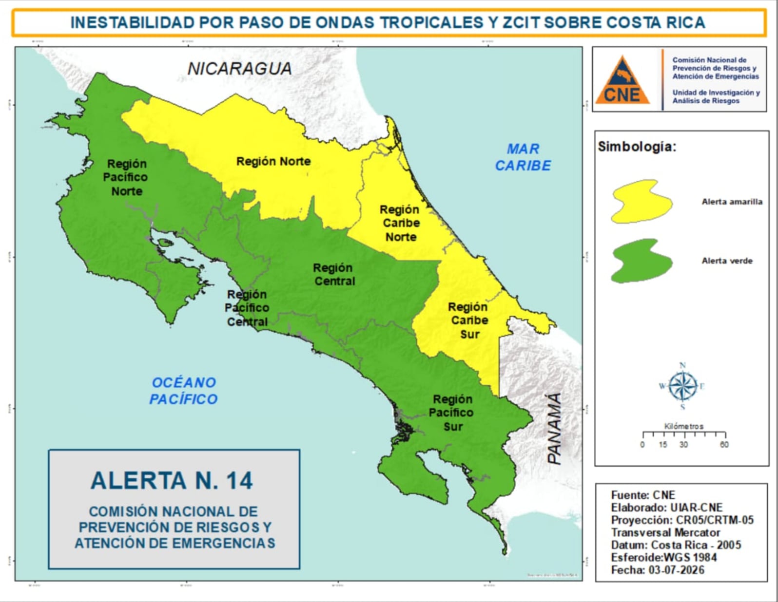 La Comisión Nacional de Emergencias elevó a alerta amarilla la Región Norte y la vertiente del Caribe debido a las intensas lluvias y la saturación de los suelos. Crédito: CNE