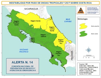La Comisión Nacional de Emergencias elevó a alerta amarilla la Región Norte y la vertiente del Caribe debido a las intensas lluvias y la saturación de los suelos. Crédito: CNE