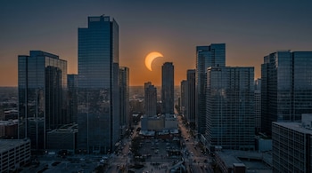 El Sol parcialmente cubierto por la Luna sobre el horizonte de una ciudad con rascacielos y edificios modernos, calles y tráfico vehicular.