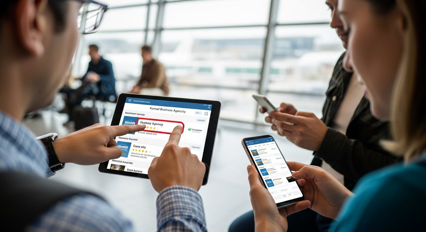 Turistas consultan agencias de viaje formales a través de una plataforma digital en una tablet y un celular dentro de una terminal. (Imagen Ilustrativa Infobae)