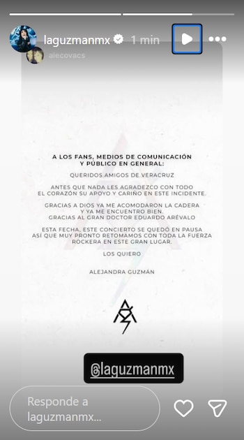 Captura de pantalla de una historia de Instagram con un texto en negro firmado por Alejandra Guzmán dirigido a los seguidores de Veracruz
