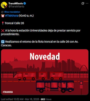 Alerta en Bogotá: suspenden servicio de TransMilenio tras hallazgo de paquete - crédito @TransMilenio/X