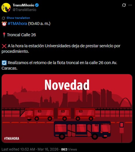 Alerta en Bogotá: suspenden servicio de TransMilenio tras hallazgo de paquete - crédito @TransMilenio/X