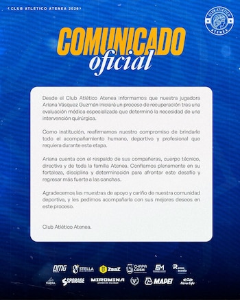 Comunicado de Atlético Atenea sobre la lesión de Ariana Vásquez.