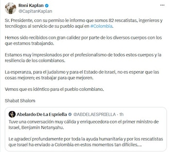 De igual manera contestó al aviso del presidente Abelardo de la Espriella, sobre su llamada con el primer ministro israelí, Benjamín Netanyahu - crédito @CapitanKaplan/X