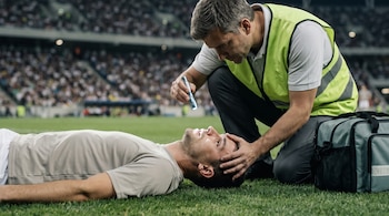 Médico con chaleco verde se arrodilla junto a futbolista tendido en el césped, le examina los ojos con linterna; maletín al lado y gradas de estadio.