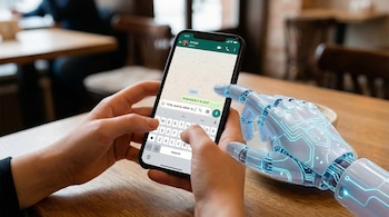 Primer plano de unas manos humanas tecleando en un smartphone que muestra una conversación de WhatsApp, junto a una mano robótica futurista con luces azules.