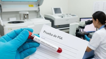 Una mano enguantada de azul sostiene un tubo de ensayo de sangre y un formulario de prueba de PSA. De fondo, un laboratorio médico con un técnico y equipo.