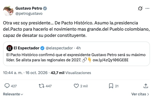 Con este mensaje, el expresidente Gustavo Petro habló de su designación como presidente del Pacto Histórico - crédito @petrogustavo/X