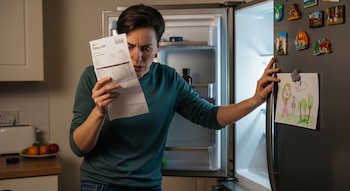 Mujer con camiseta verde sostiene una factura de energía con expresión de asombro mientras se apoya en un refrigerador doméstico abierto decorado con imanes.