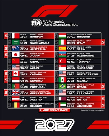 Cartel con la programación de 24 grandes premios de Fórmula 1 para 2027 que incluye banderas, fechas y sedes de cada competencia
