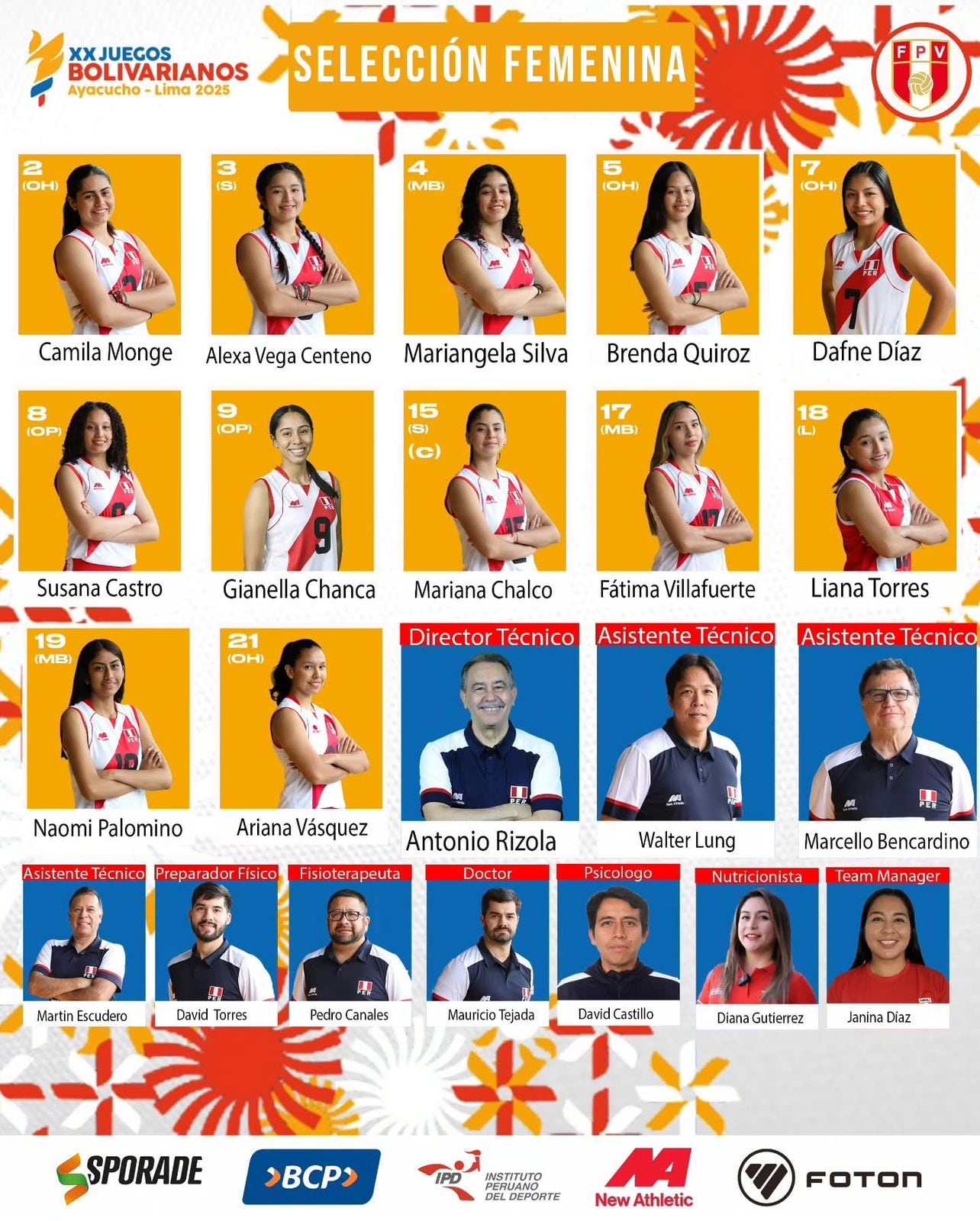 Lista de convocadas de la selección peruana de vóley para los Juegos Bolivarianos 2025.