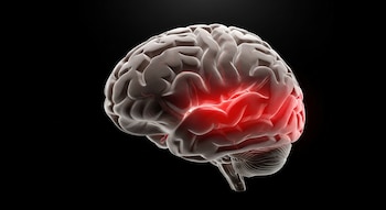 Representación 3D de un cerebro humano grisáceo sobre un fondo negro. El hipocampo, una sección del cerebro, está resaltado en rojo brillante.