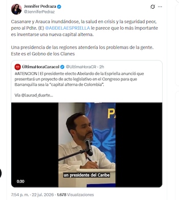 La congresista Jennifer Pedraza criticó a Abelardo de la Espriella por querer que Barranquilla sea la capital alterna de Colombia - crédito @JenniferPedraz/X