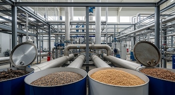 Planta industrial moderna. Tuberías y estructuras metálicas. En primer plano, barriles abiertos con biomasa, residuos agrícolas y aceite reciclado conectados a la instalación.