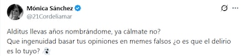 Captura de pantalla de un tuit de Mónica Sánchez en su cuenta verificada, mostrando su foto de perfil y el texto de su mensaje en blanco