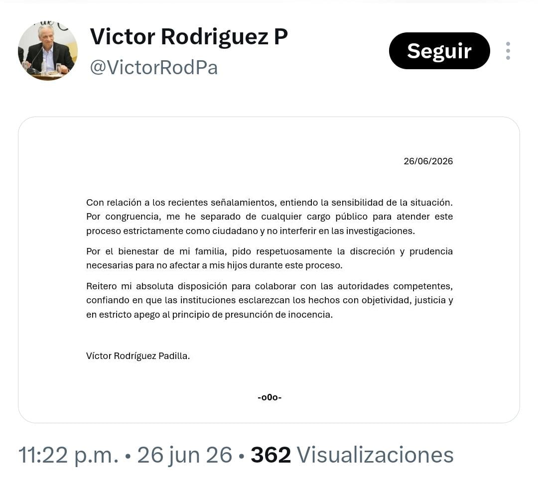 Víctor Rodríguez Padilla anuncia en un comunicado su separación de cualquier cargo público para atender las recientes acusaciones de violencia doméstica en su contra. (X: Captura de pantalla)