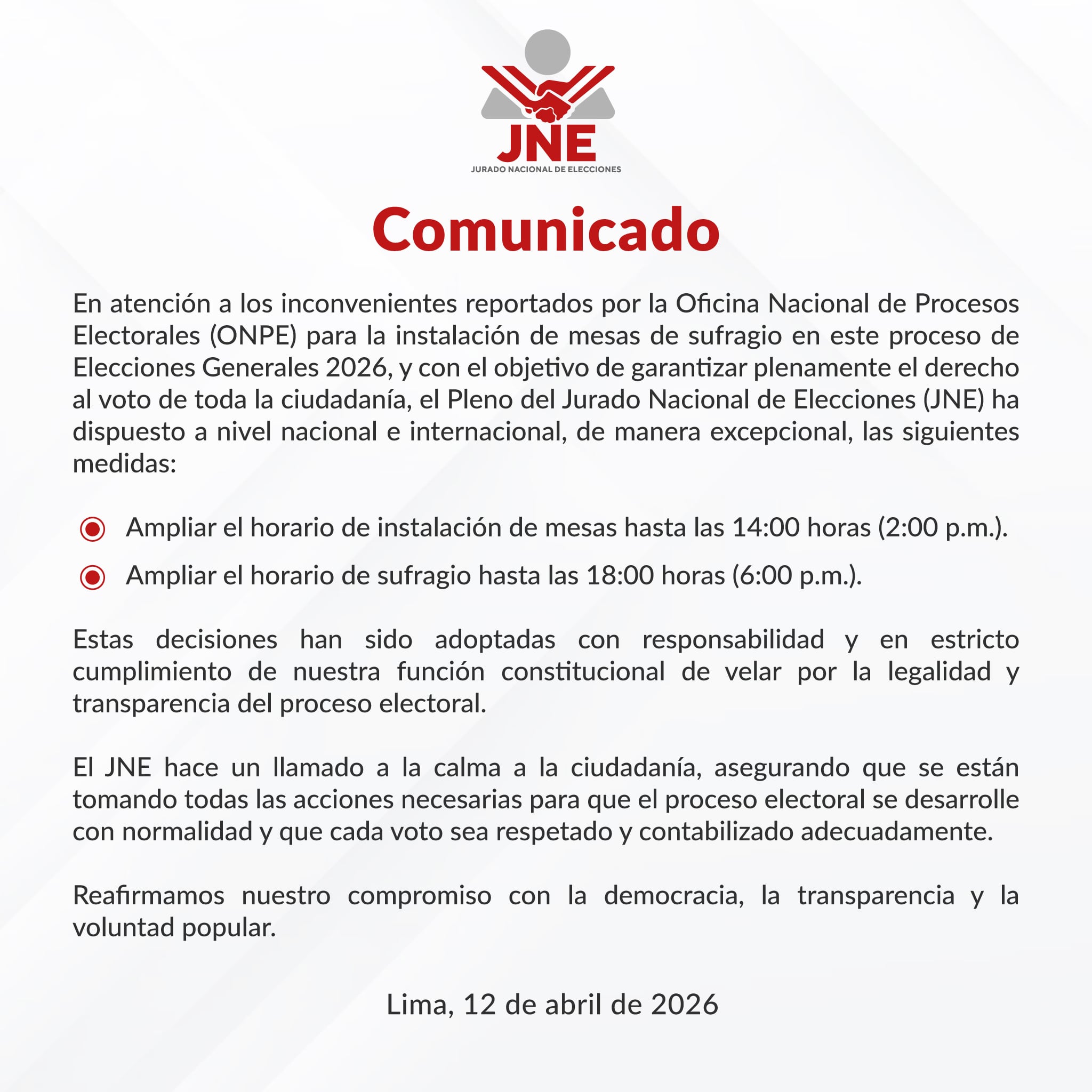 Pronunciamiento del Jurado Nacional de Elecciones anunciando la ampliación de la votación. Foto: JNE