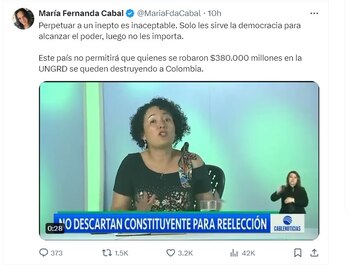 María Fernanda Cabal opina sobre la reelección que mencionó Isabel Zuleta en una entrevista - crédito @MariaFdaCabal