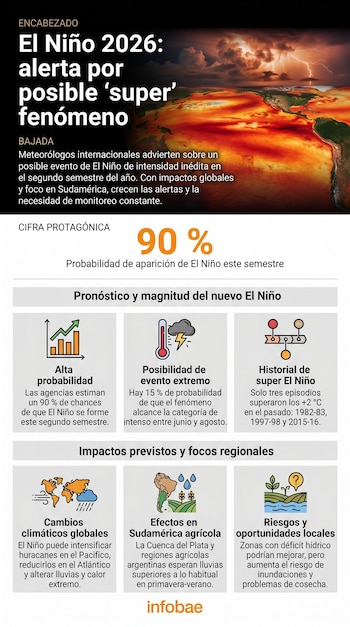 Infografía que muestra un mapa de las Américas con el Océano Pacífico en tonos rojizos y nubes tormentosas con relámpagos, destacando información sobre El Niño 2026.