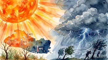 Acuarela dividida con un sol radiante sobre el mapa de El Salvador y una tormenta con lluvia, vientos y relámpagos.