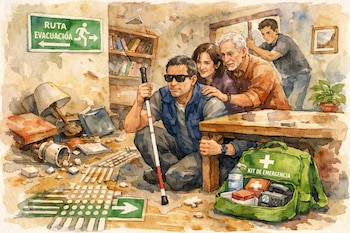 Ilustración en acuarela de un hombre con discapacidad visual bajo una mesa con familiares, rodeado de objetos caídos; se ven señalizaciones de evacuación y un kit de emergencia.