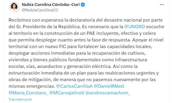 La mandataria celebró la declaratoria de situación de desastre en Colombia, por parte del presidente Gustavo Petro - crédito @NubiaCarolinaCC/X