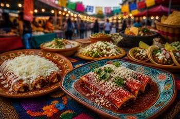 Platos de barro con enchiladas, tacos y tostadas sobre un mantel bordado, con un mercado decorado con guirnaldas al fondo.
