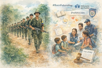 Acuarela: fila de jóvenes con uniformes militares y fusiles, y grupo de adultos con niños, documentos, ley, martillo de juez y logotipo.