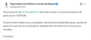 El presidente del Concejo de Bogotá rechazó los hechos de violencia ocurridos en la estación Universidad Nacional - crédito @papoaminCD/X