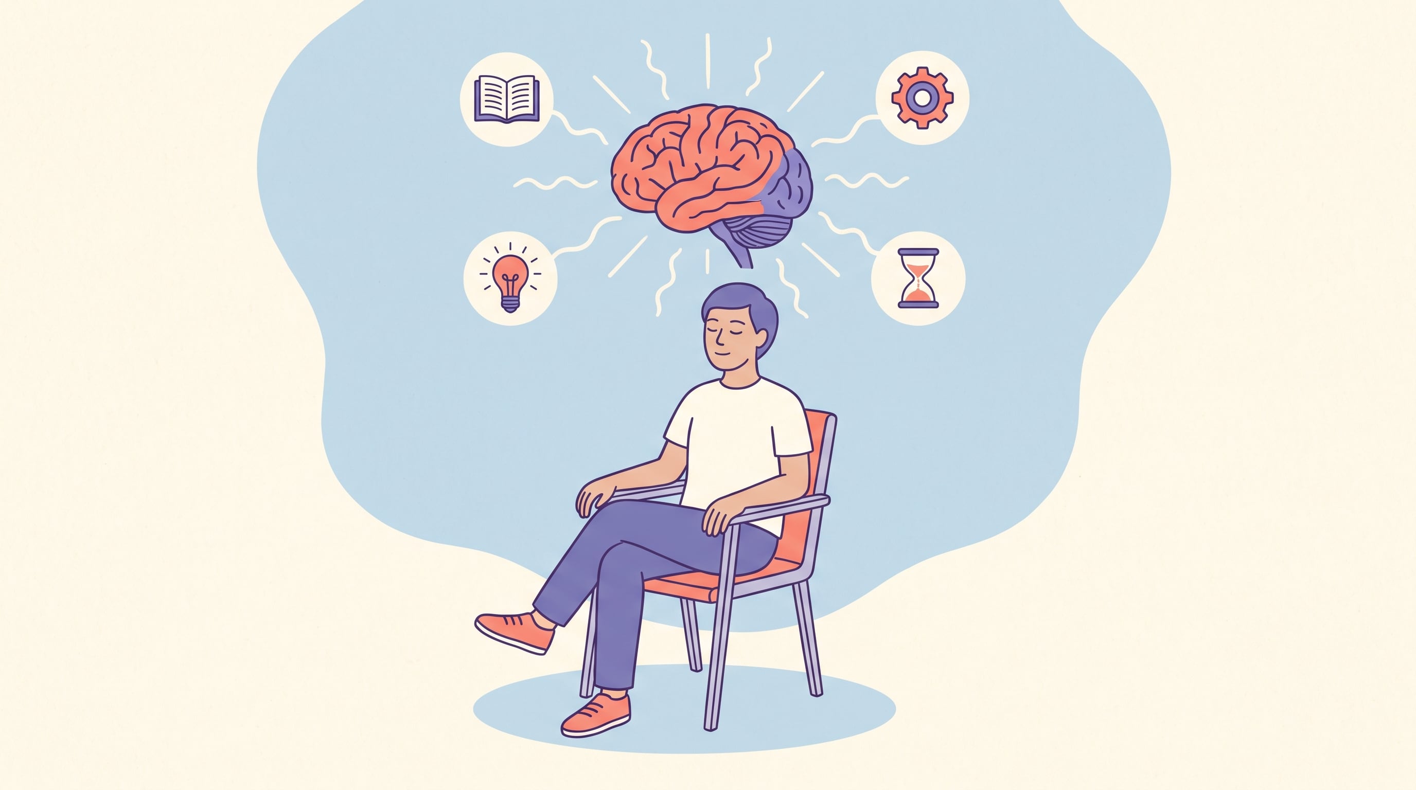 Una persona con los ojos cerrados, sentada en una silla, simboliza la concentración o el pensamiento, mientras un cerebro estilizado sobre su cabeza emite conceptos como memoria, creatividad, organización y tiempo. (Imagen Ilustrativa Infobae)
