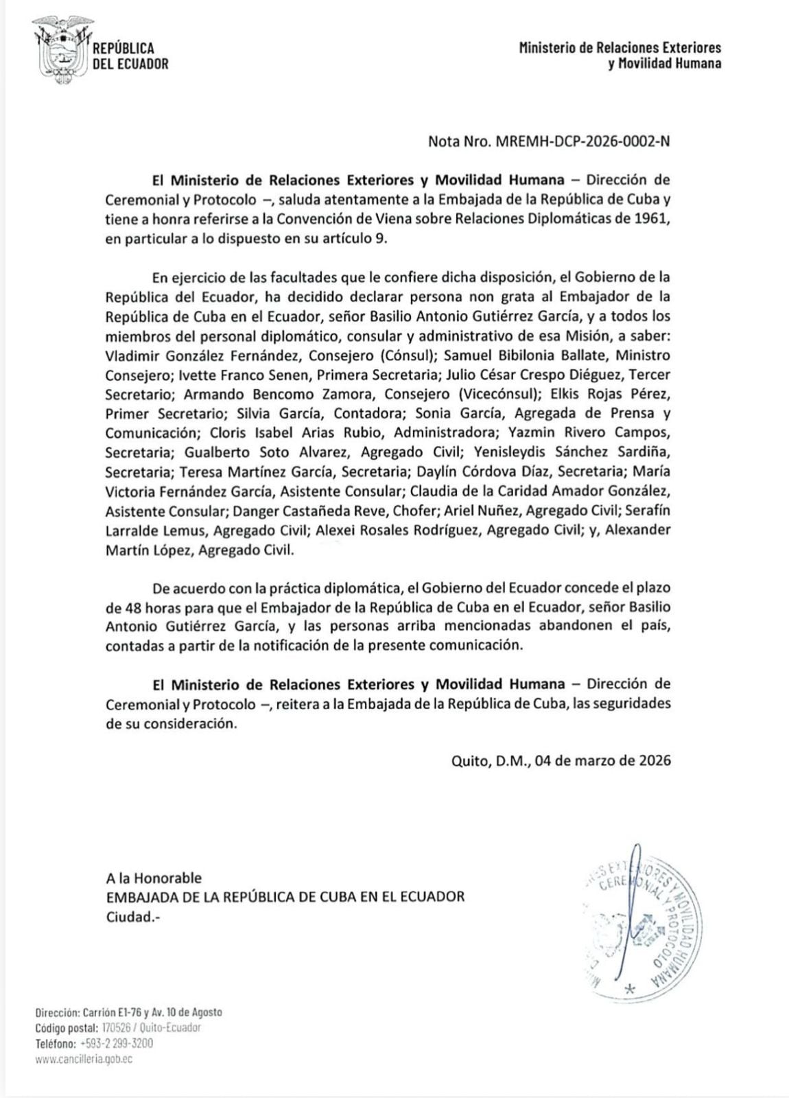 La comunicación sobre la declaración de persona non grata a la misión diplomática de Cuba en Quito.