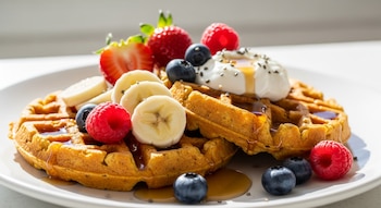Waffles dorados de avena y zanahoria en plato blanco, decorados con fresas, arándanos, frambuesas, plátano, yogur, semillas y miel.
