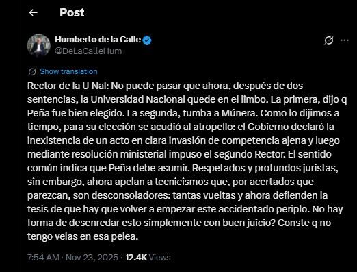 Humberto de la Calle dio su opinión con respecto a la elección del rector de la Universidad Nacional - crédito @DeLaCalleHum