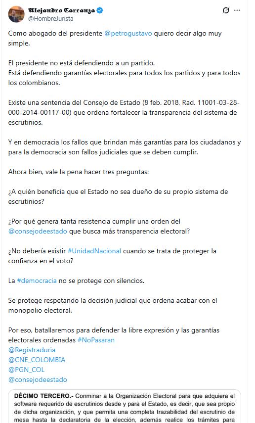 Alejandro Carranza precisó que las declaraciones de su cliente se han centrado en el fallo histórico del Consejo de Estado del 8 de febrero de 2018 - crédito @HombreJurista/X