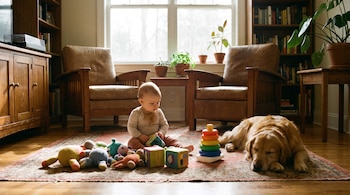 Bebé sentado en alfombra junto a juguetes, bloques y un perro golden retriever acostado. Ventana, sillas, libreros y plantas se observan al fondo.