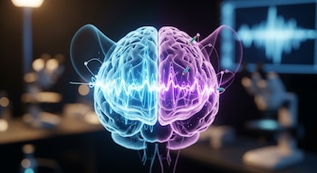 Modelo de cerebro dividido en hemisferios de luz azul y púrpura, con ondas luminosas, electrodos y un monitor con gráfico de ondas.