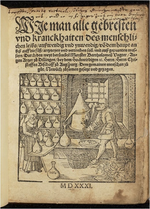 La portada de esta colección de recetas médicas muestra una de las representaciones más emblemáticas de la inversión de mujeres y hombres en los ensayos de recetas en la Alemania moderna temprana. Biblioteca e Instituto de Investigación John Rylands (JRRIL), Universidad de Manchester, Colección impresa médica (anterior a 1701) 2535. Imagen proporcionada por Biblioteca e Instituto de Investigación John Rylands, Universidad de Manchester.