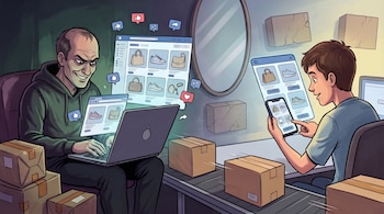 Ilustración de dos hombres frente a pantallas, cajas de cartón sobre una cinta transportadora e íconos de reacciones de redes sociales.